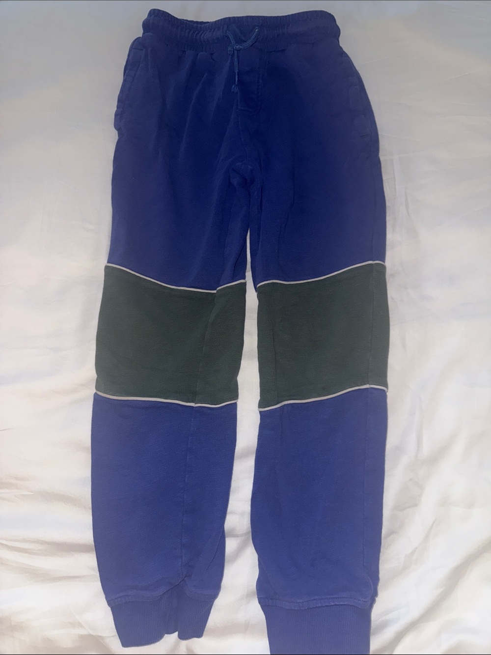 Mini Boden Blue Joggers with Dark Green Knee Panels Size 9